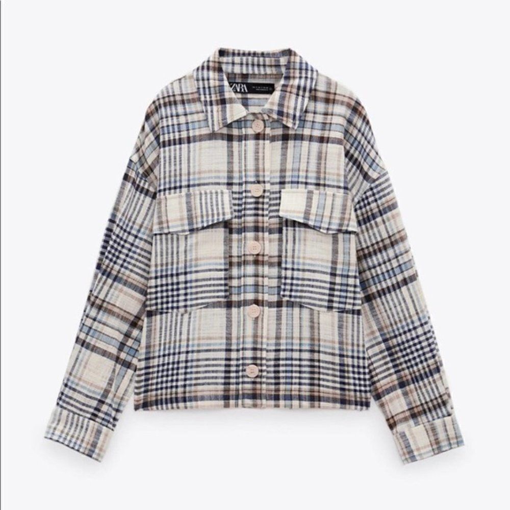 ZARA Plaid Overshirt White Turquoise Unlined - Picture 3 of 7